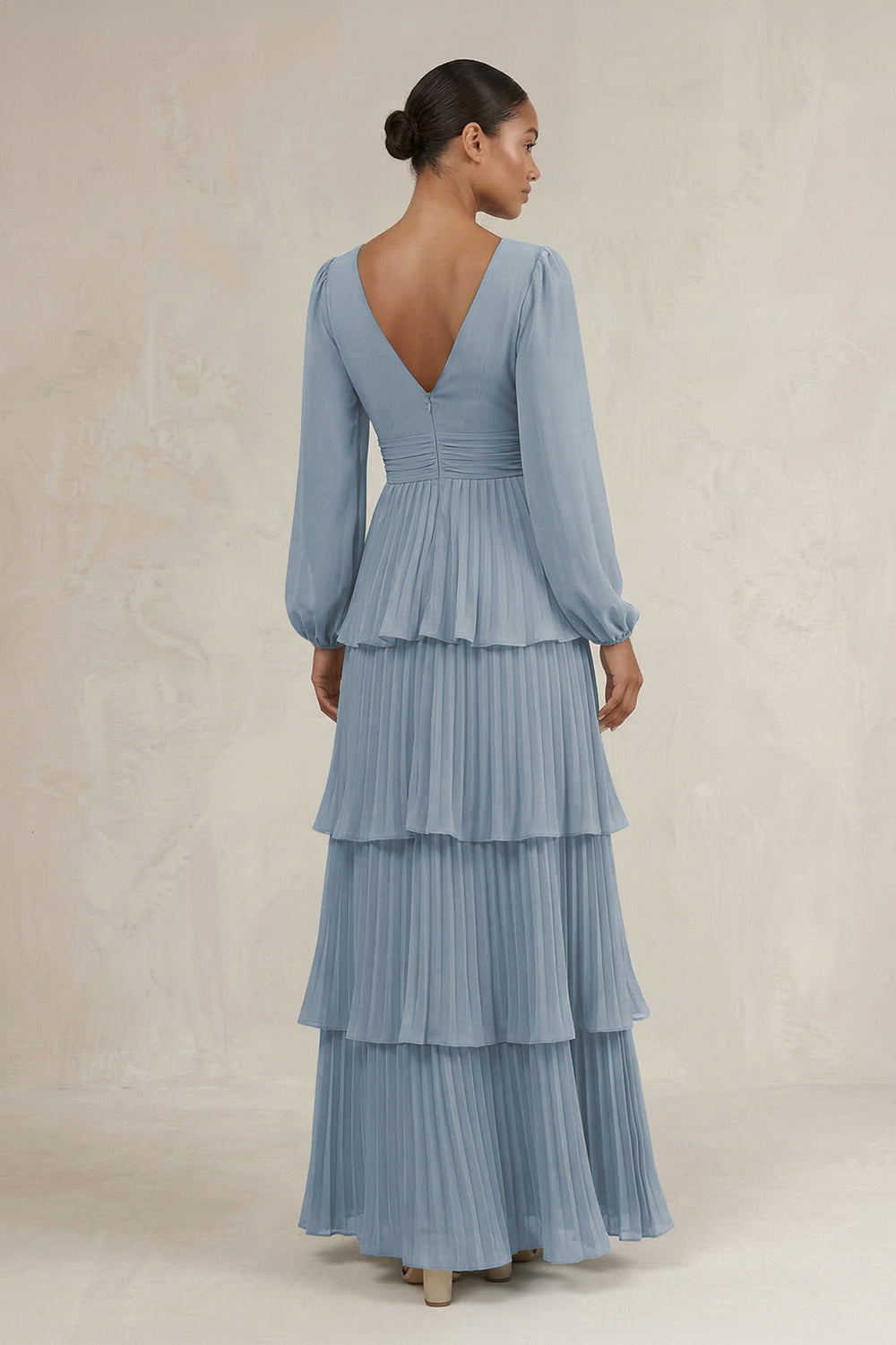 V-Neck Tiered A-Line Long Sleeve Bridesmaid Dress in Dusty Blue