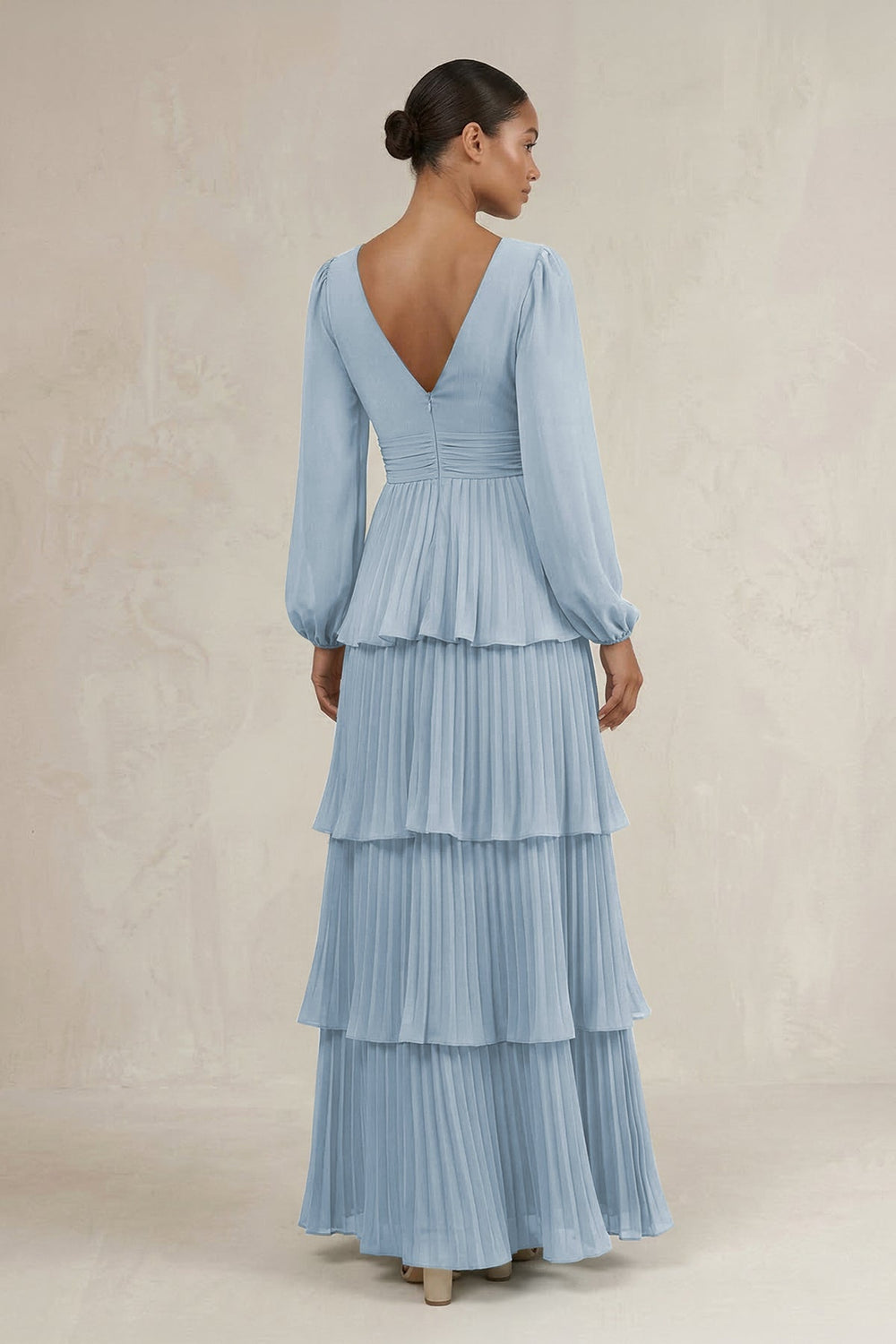 V - Neck Tiered A - Line Long Sleeve Bridesmaid Dress in Dusty Blue - KISS BRIDAL Bridesmaid Dresses