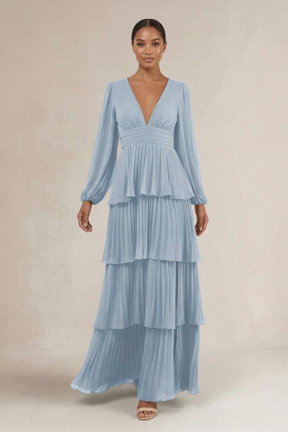 V - Neck Tiered A - Line Long Sleeve Bridesmaid Dress in Dusty Blue - KISS BRIDAL Bridesmaid Dresses