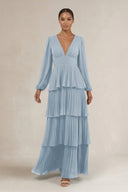 V - Neck Tiered A - Line Long Sleeve Bridesmaid Dress in Dusty Blue - SHE IS ME Bridesmaid Dresses