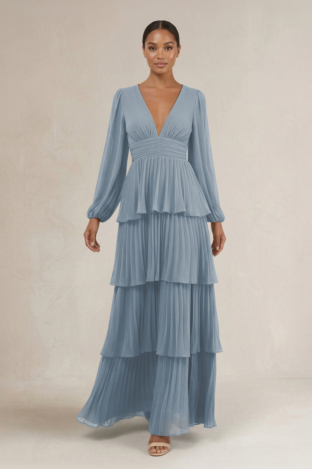 V-Neck Tiered A-Line Long Sleeve Bridesmaid Dress in Dusty Blue