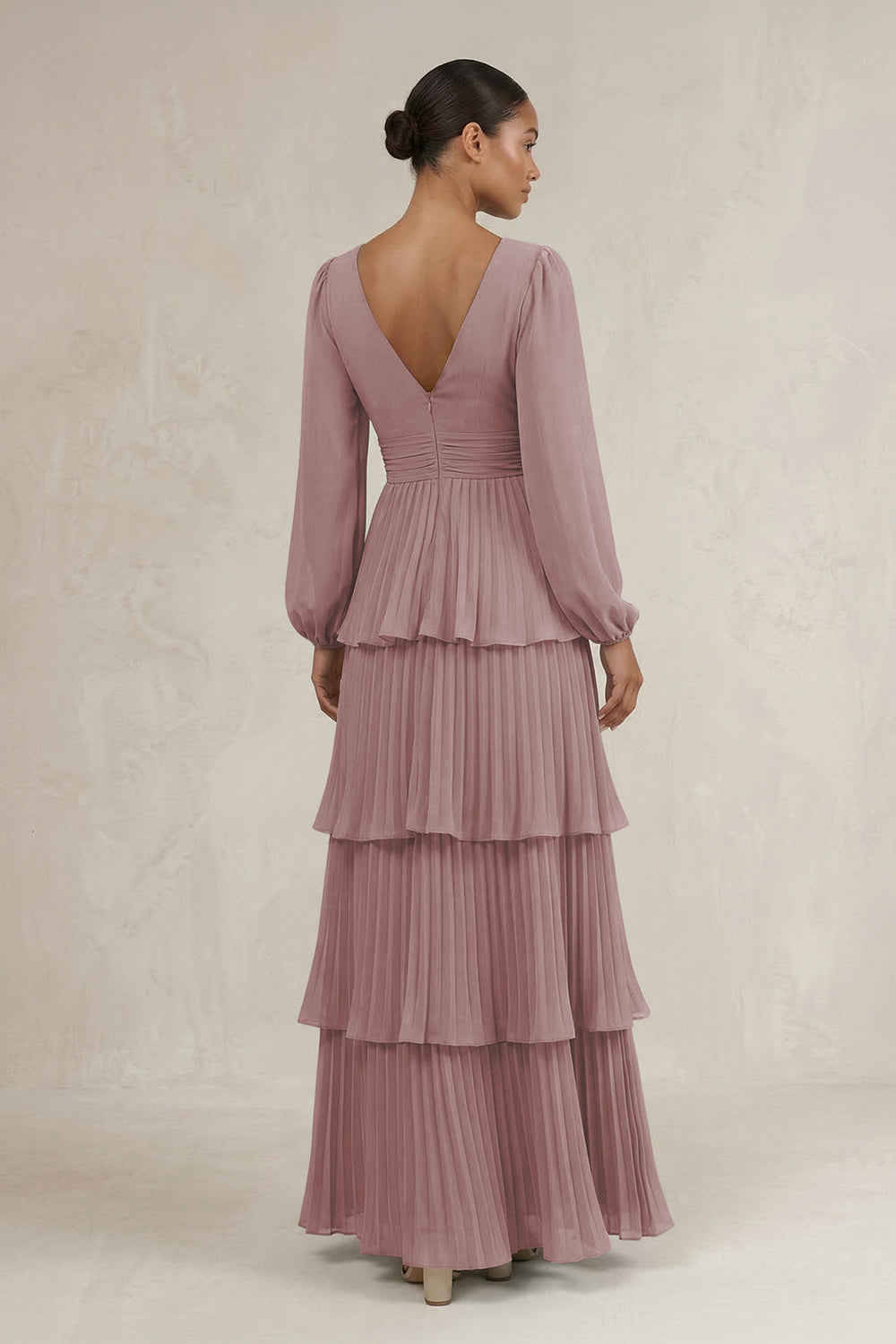 V-Neck Tiered A-Line Long Sleeve Bridesmaid Dress in Dusty Rose