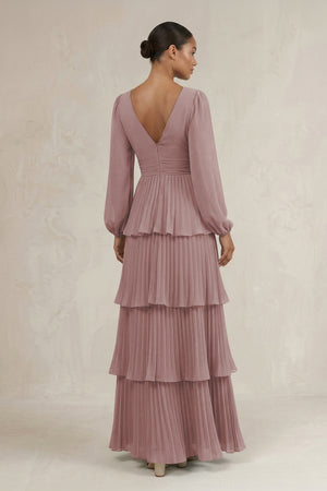 V-Neck Tiered A-Line Long Sleeve Bridesmaid Dress in Dusty Rose (2) | KISSBRIDAL