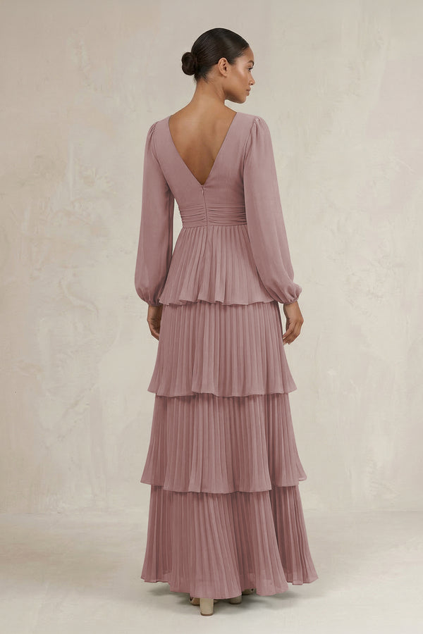 V-Neck Tiered A-Line Long Sleeve Bridesmaid Dress in Dusty Rose (2) | KISSBRIDAL