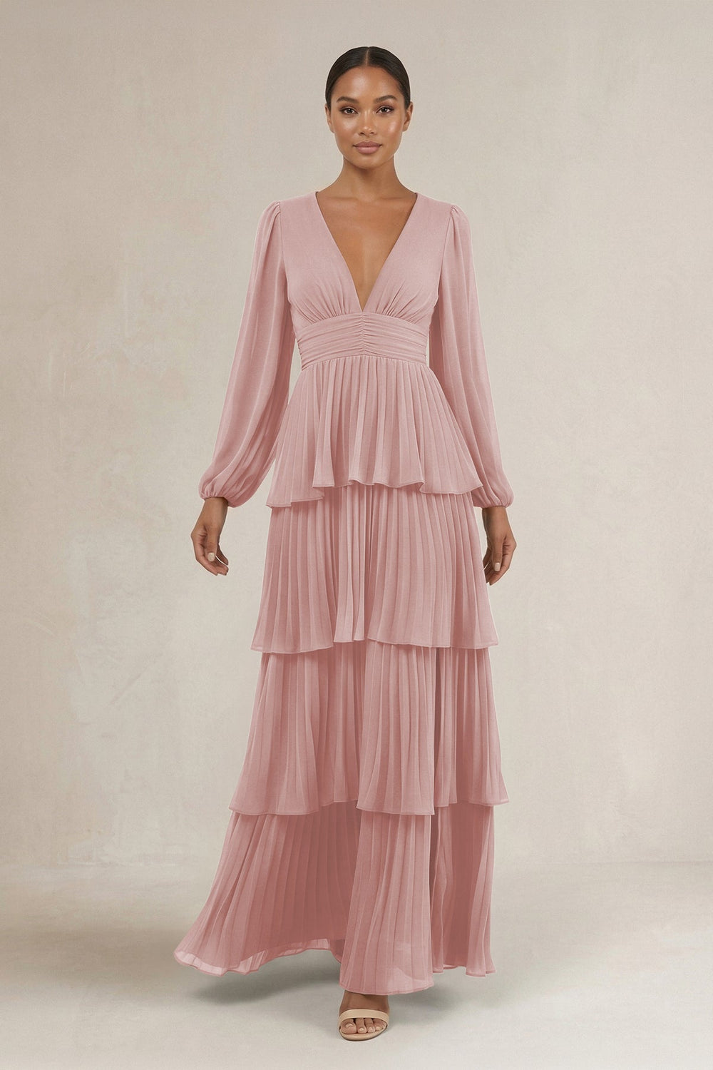 V - Neck Tiered A - Line Long Sleeve Bridesmaid Dress in Dusty Rose - KISS BRIDAL Bridesmaid Dresses