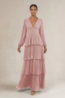 V - Neck Tiered A - Line Long Sleeve Bridesmaid Dress in Dusty Rose - SHE IS ME Bridesmaid Dresses