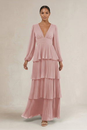 V - Neck Tiered A - Line Long Sleeve Bridesmaid Dress in Dusty Rose - SHE IS ME Bridesmaid Dresses