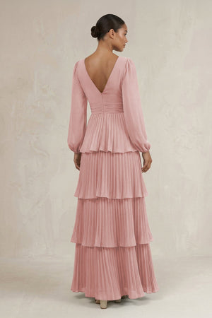 V - Neck Tiered A - Line Long Sleeve Bridesmaid Dress in Dusty Rose - SHE IS ME Bridesmaid Dresses