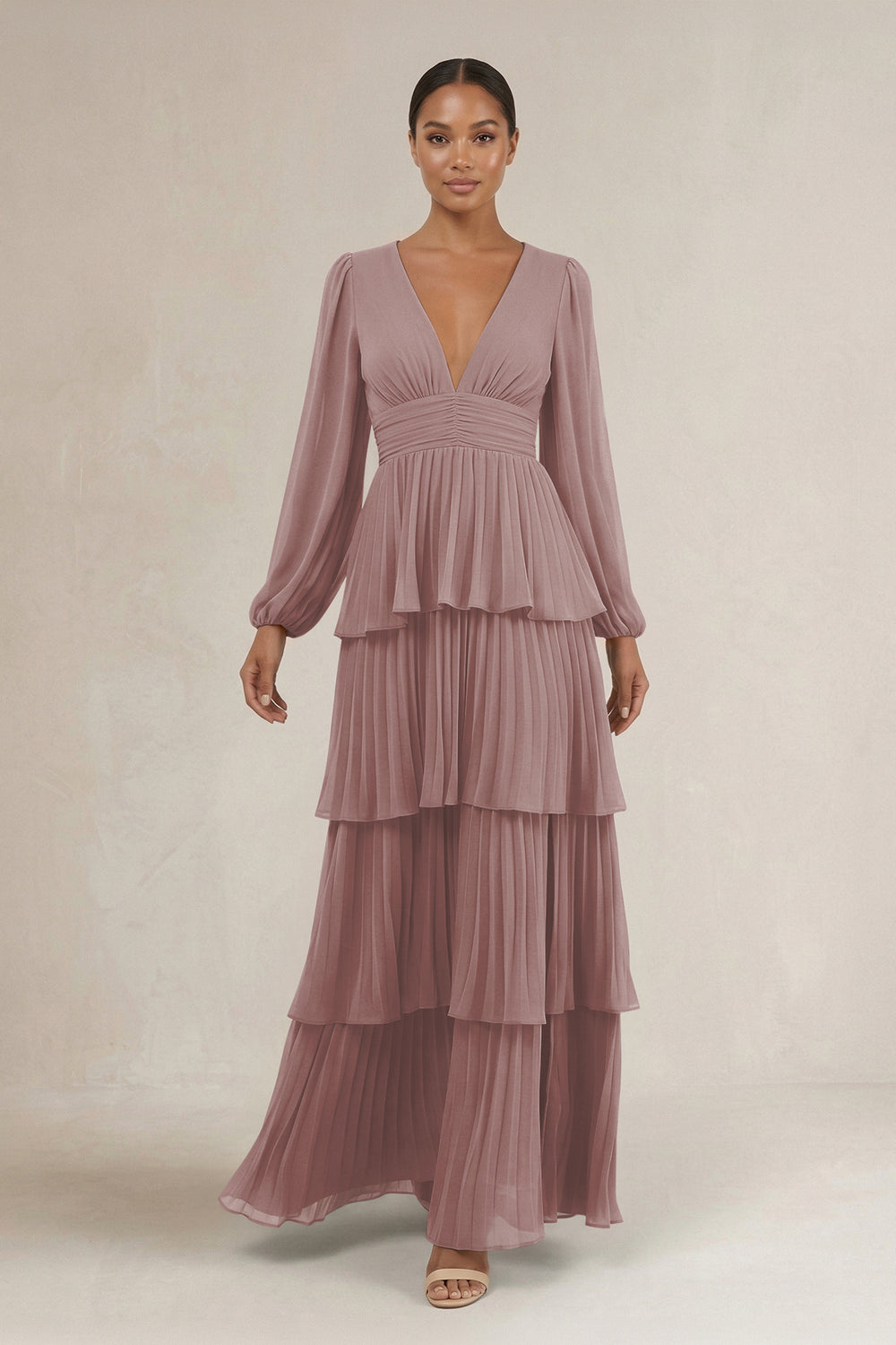 V-Neck Tiered A-Line Long Sleeve Bridesmaid Dress in Dusty Rose