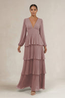 V-Neck Tiered A-Line Long Sleeve Bridesmaid Dress in Dusty Rose | KISSBRIDAL