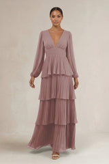 V-Neck Tiered A-Line Long Sleeve Bridesmaid Dress in Dusty Rose | KISSBRIDAL
