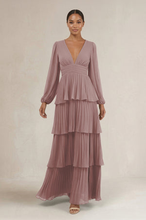 V-Neck Tiered A-Line Long Sleeve Bridesmaid Dress in Dusty Rose | KISSBRIDAL