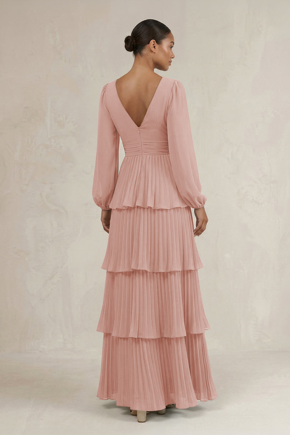 V-Neck Tiered A-Line Long Sleeve Bridesmaid Dress in English Rose