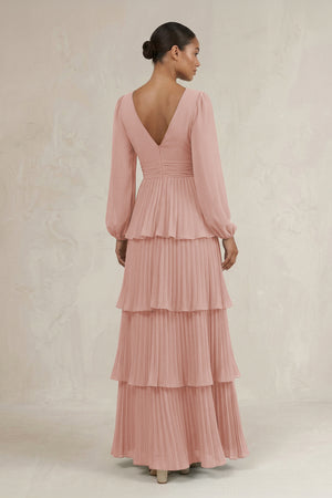 V-Neck Tiered A-Line Long Sleeve Bridesmaid Dress in English Rose (2) | KISSBRIDAL