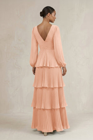 V - Neck Tiered A - Line Long Sleeve Bridesmaid Dress in English Rose - SHE IS ME Bridesmaid Dresses