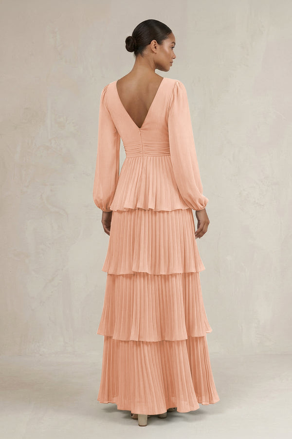 V - Neck Tiered A - Line Long Sleeve Bridesmaid Dress in English Rose - SHE IS ME Bridesmaid Dresses