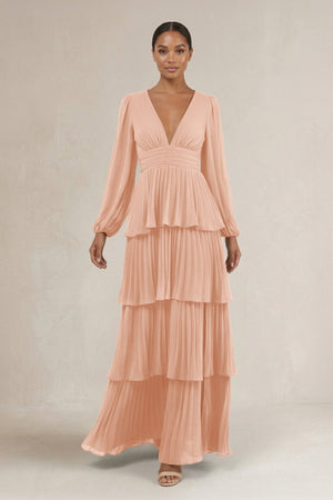 V - Neck Tiered A - Line Long Sleeve Bridesmaid Dress in English Rose - SHE IS ME Bridesmaid Dresses
