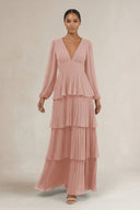 V-Neck Tiered A-Line Long Sleeve Bridesmaid Dress in English Rose | KISSBRIDAL