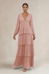 V-Neck Tiered A-Line Long Sleeve Bridesmaid Dress in English Rose | KISSBRIDAL
