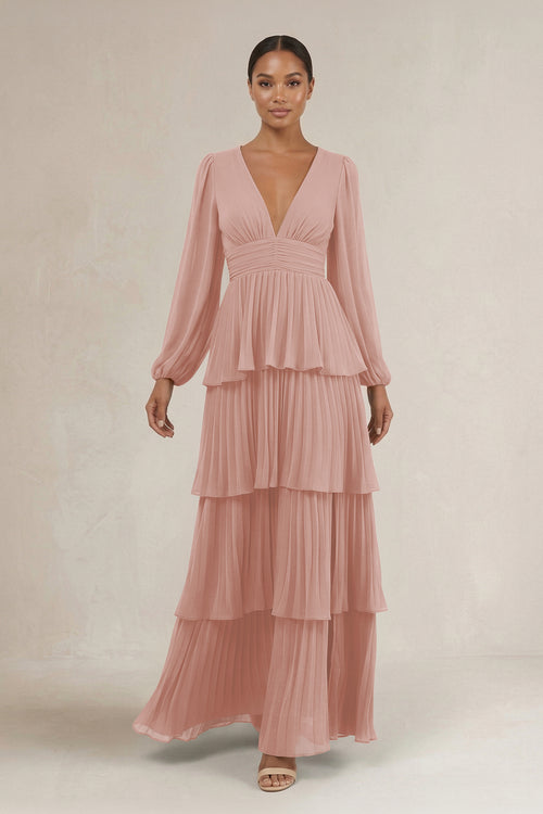 V-Neck Tiered A-Line Long Sleeve Bridesmaid Dress in English Rose | KISSBRIDAL