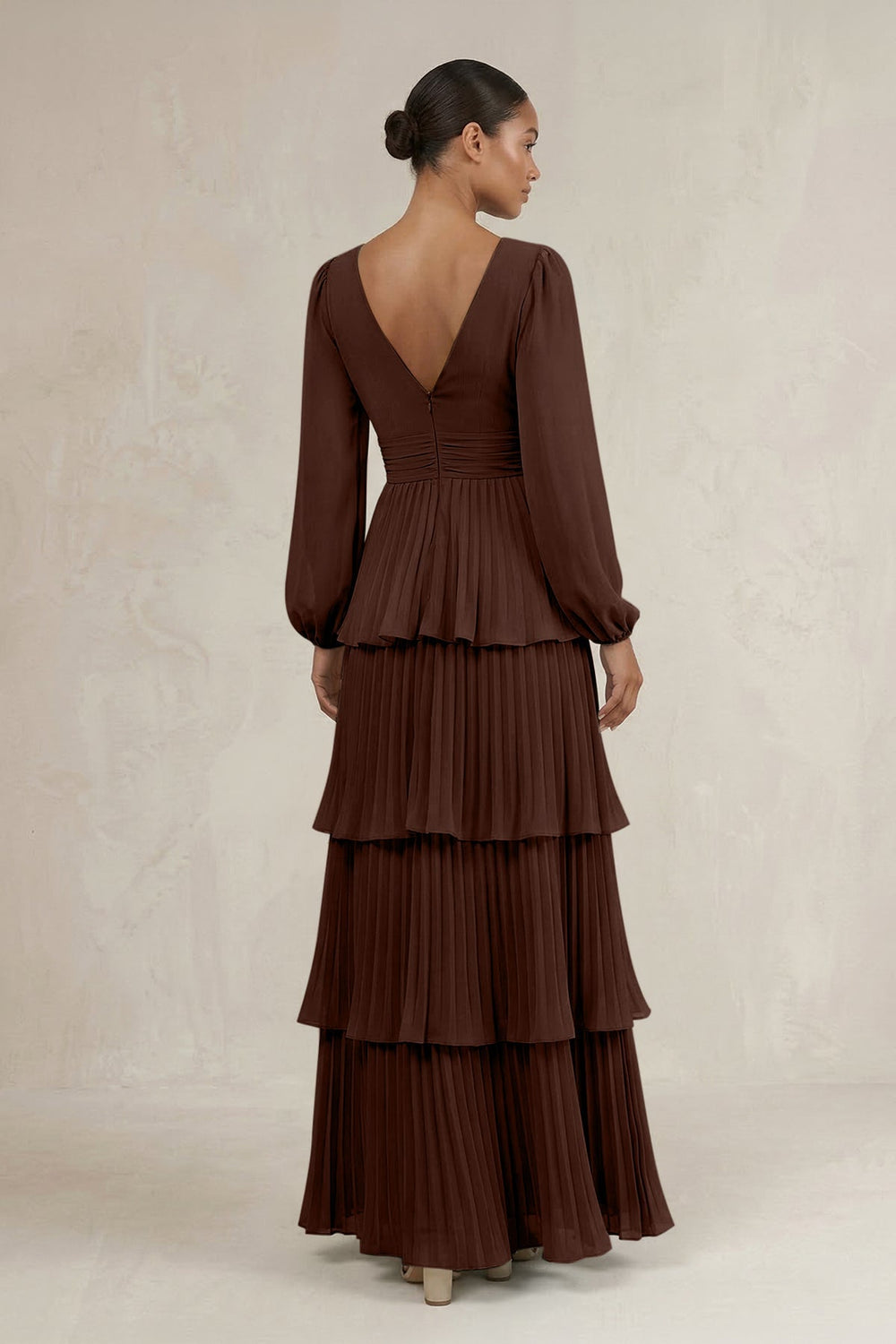 V - Neck Tiered A - Line Long Sleeve Bridesmaid Dress in Espresso - KISS BRIDAL Bridesmaid Dresses