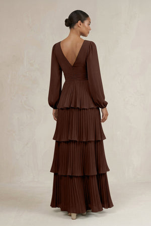 V - Neck Tiered A - Line Long Sleeve Bridesmaid Dress in Espresso - SHE IS ME Bridesmaid Dresses