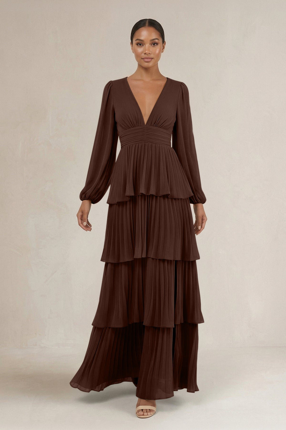 V - Neck Tiered A - Line Long Sleeve Bridesmaid Dress in Espresso - KISS BRIDAL Bridesmaid Dresses