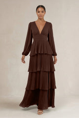 V - Neck Tiered A - Line Long Sleeve Bridesmaid Dress in Espresso - KISS BRIDAL Bridesmaid Dresses