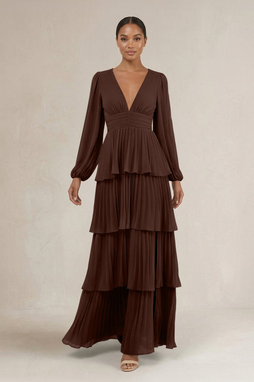 V - Neck Tiered A - Line Long Sleeve Bridesmaid Dress in Espresso - SHE IS ME Bridesmaid Dresses