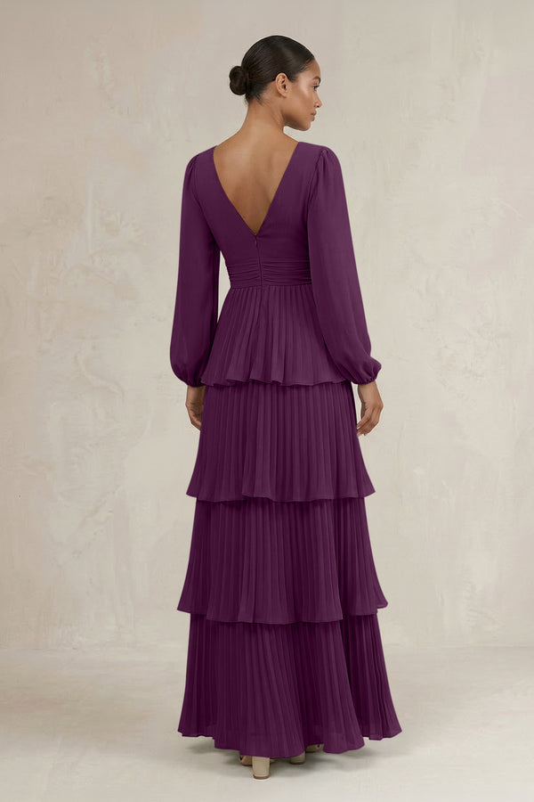 V-Neck Tiered A-Line Long Sleeve Bridesmaid Dress in Fig (2) | KISSBRIDAL