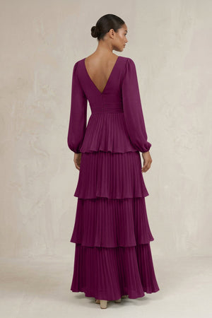 V - Neck Tiered A - Line Long Sleeve Bridesmaid Dress in Fig - SHE IS ME Bridesmaid Dresses