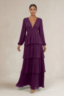 V-Neck Tiered A-Line Long Sleeve Bridesmaid Dress in Fig | KISSBRIDAL