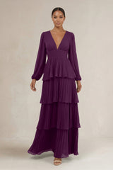 V-Neck Tiered A-Line Long Sleeve Bridesmaid Dress in Fig | KISSBRIDAL