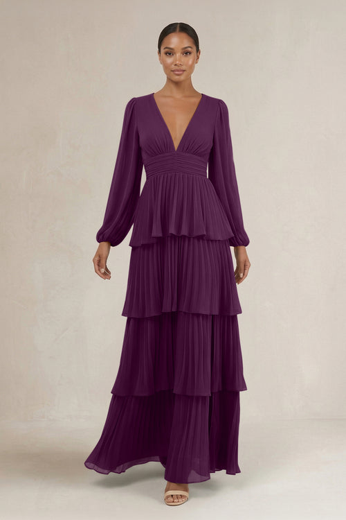 V-Neck Tiered A-Line Long Sleeve Bridesmaid Dress in Fig | KISSBRIDAL