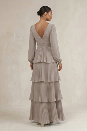 V-Neck Tiered A-Line Long Sleeve Bridesmaid Dress in Frost (2) | KISSBRIDAL