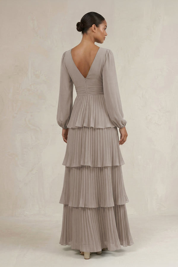 V-Neck Tiered A-Line Long Sleeve Bridesmaid Dress in Frost (2) | KISSBRIDAL