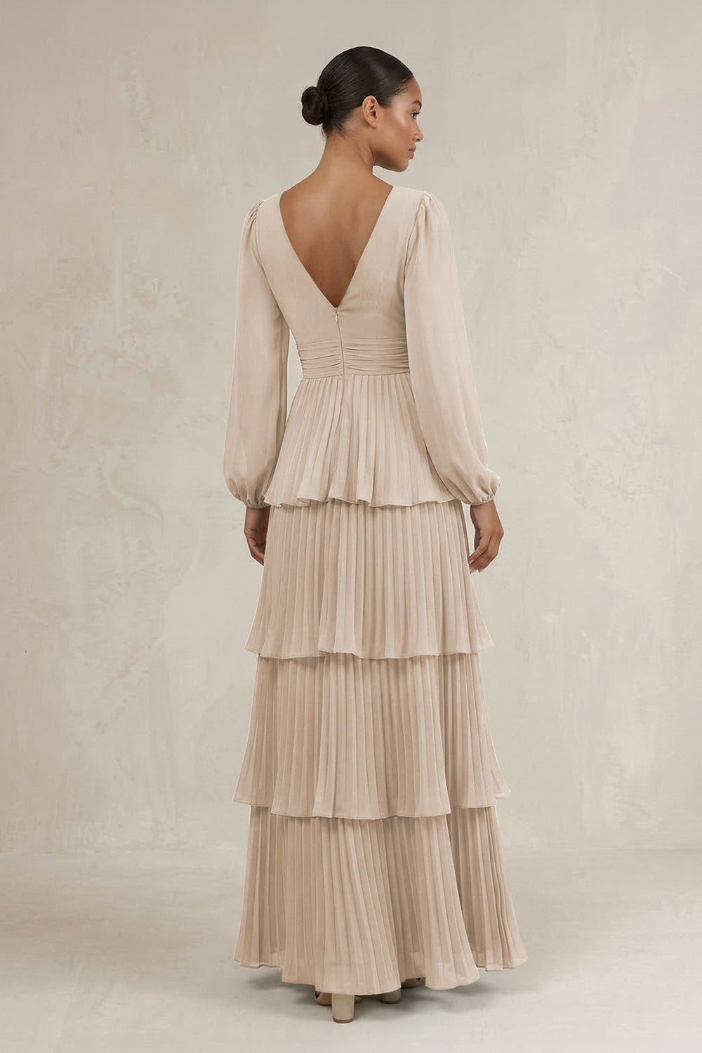 V - Neck Tiered A - Line Long Sleeve Bridesmaid Dress in Frost - KISS BRIDAL Bridesmaid Dresses