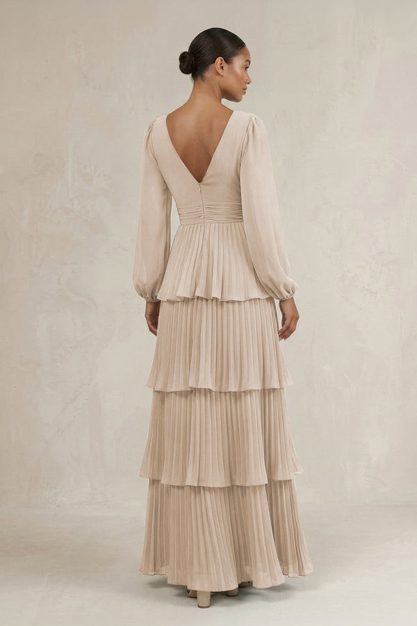 V - Neck Tiered A - Line Long Sleeve Bridesmaid Dress in Frost - SHE IS ME Bridesmaid Dresses
