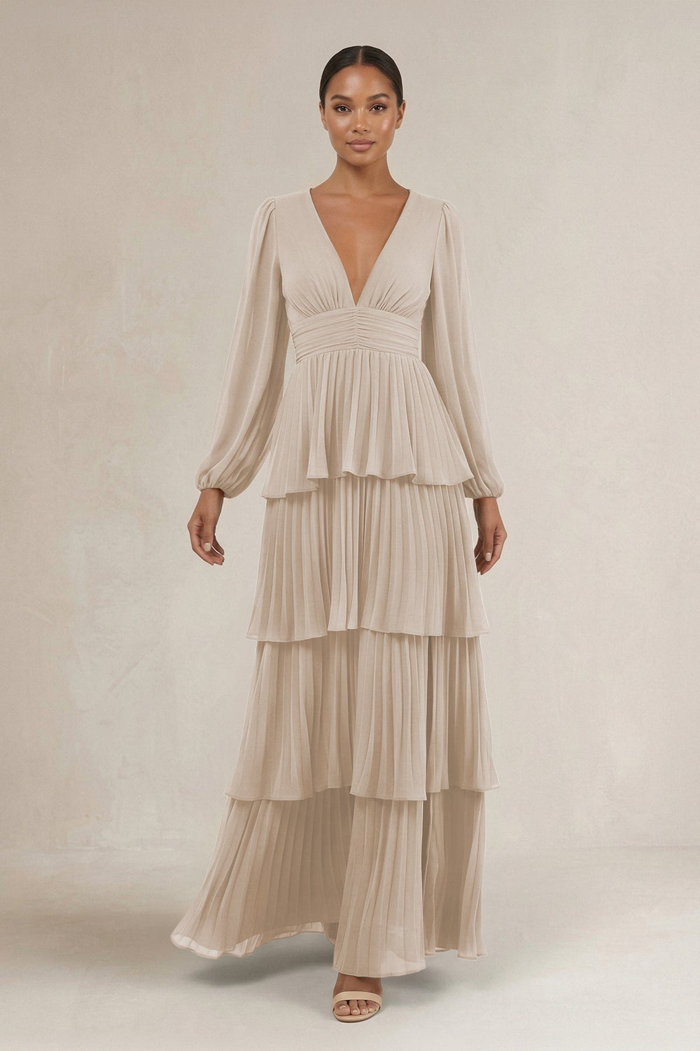 V - Neck Tiered A - Line Long Sleeve Bridesmaid Dress in Frost - KISS BRIDAL Bridesmaid Dresses