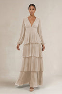 V - Neck Tiered A - Line Long Sleeve Bridesmaid Dress in Frost - SHE IS ME Bridesmaid Dresses