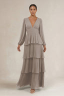 V-Neck Tiered A-Line Long Sleeve Bridesmaid Dress in Frost | KISSBRIDAL