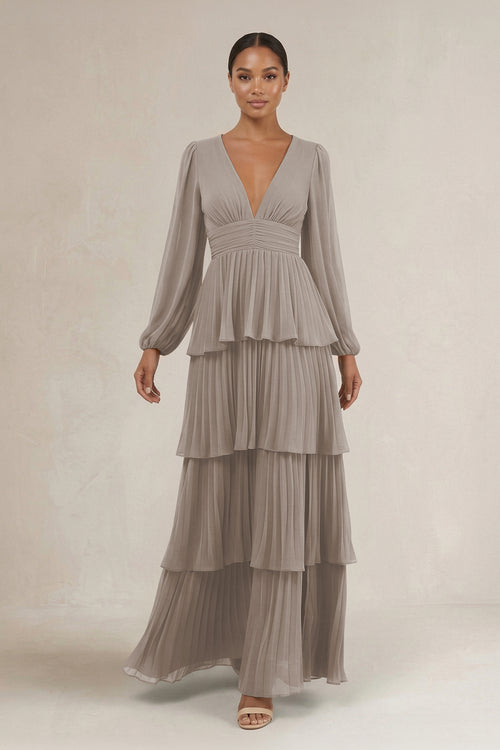 V-Neck Tiered A-Line Long Sleeve Bridesmaid Dress in Frost | KISSBRIDAL