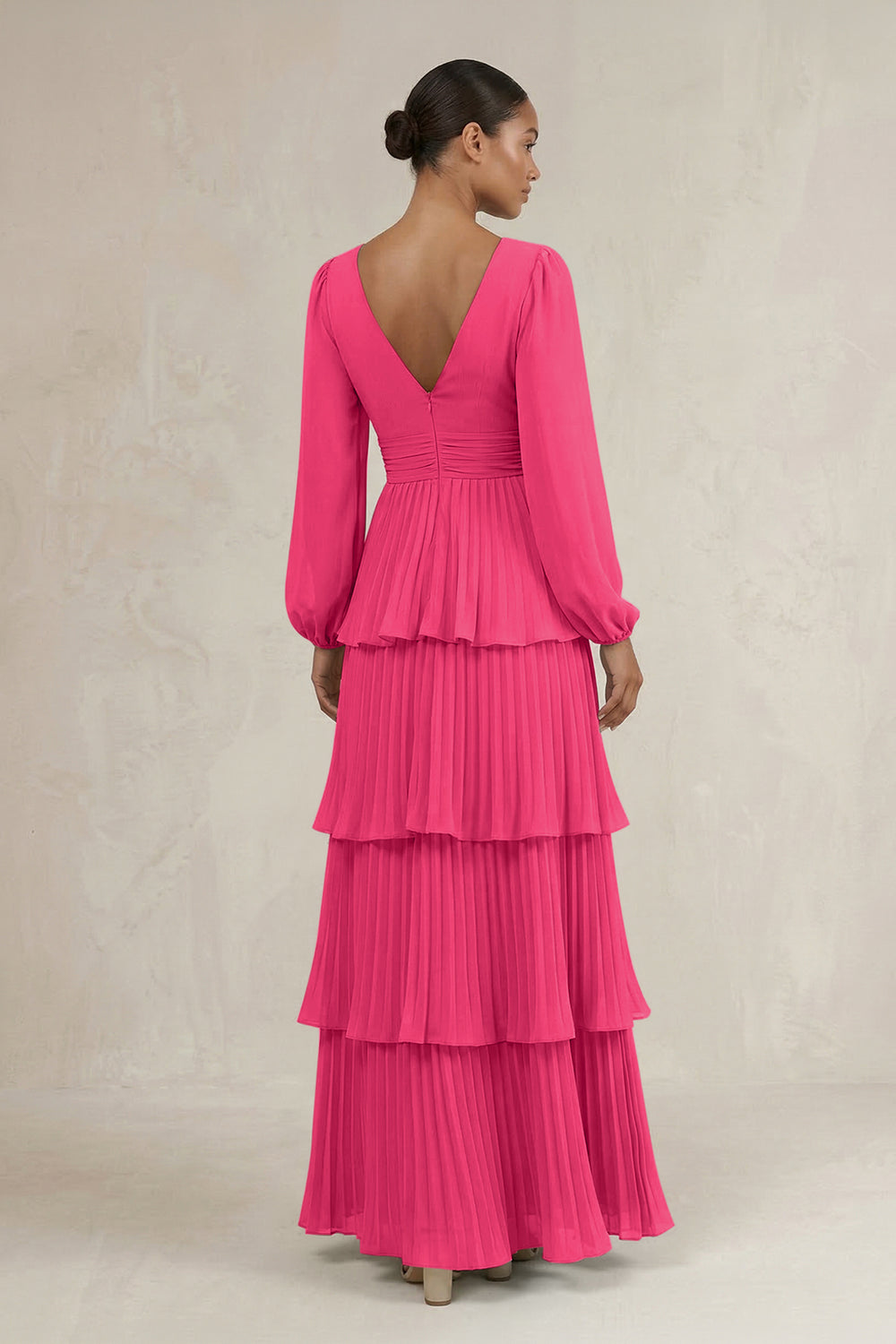 V-Neck Tiered A-Line Long Sleeve Bridesmaid Dress in Fuchsia