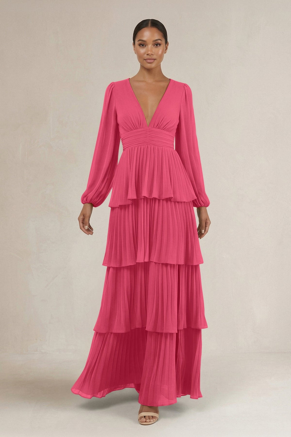 V - Neck Tiered A - Line Long Sleeve Bridesmaid Dress in Fuchsia - KISS BRIDAL Bridesmaid Dresses