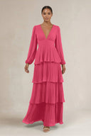 V - Neck Tiered A - Line Long Sleeve Bridesmaid Dress in Fuchsia - SHE IS ME Bridesmaid Dresses