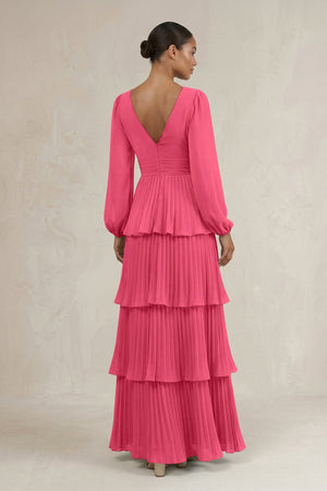 V - Neck Tiered A - Line Long Sleeve Bridesmaid Dress in Fuchsia - SHE IS ME Bridesmaid Dresses