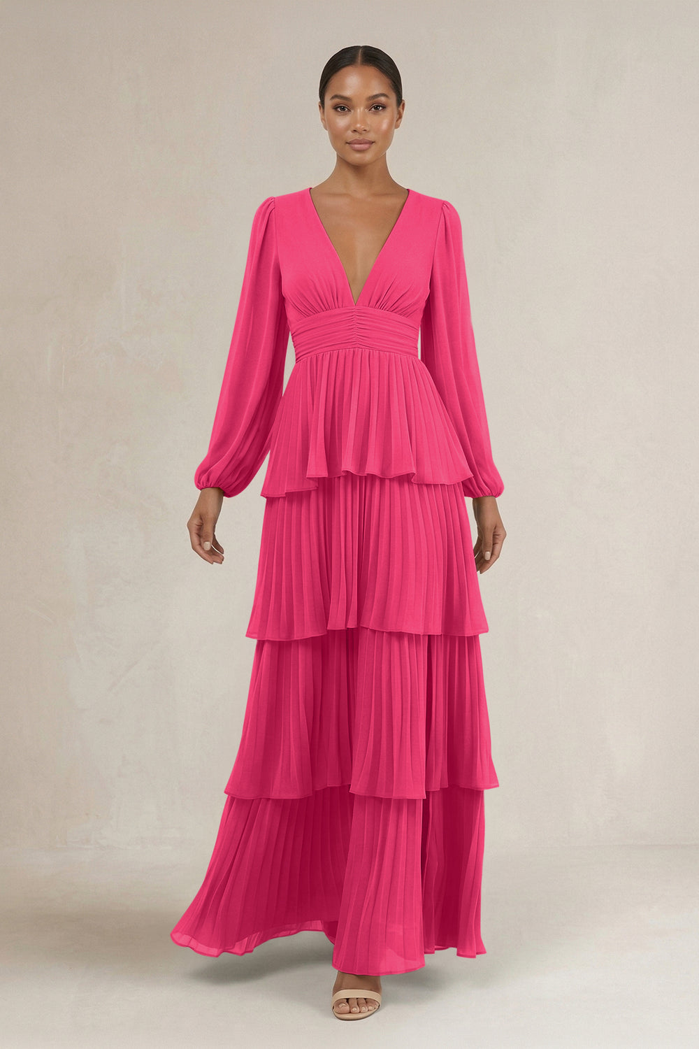 V-Neck Tiered A-Line Long Sleeve Bridesmaid Dress in Fuchsia