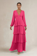 V-Neck Tiered A-Line Long Sleeve Bridesmaid Dress in Fuchsia | KISSBRIDAL