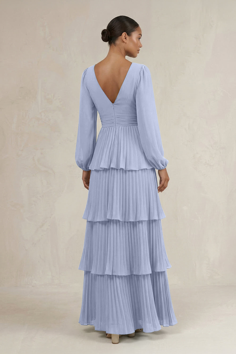 V-Neck Tiered A-Line Long Sleeve Bridesmaid Dress in Ice