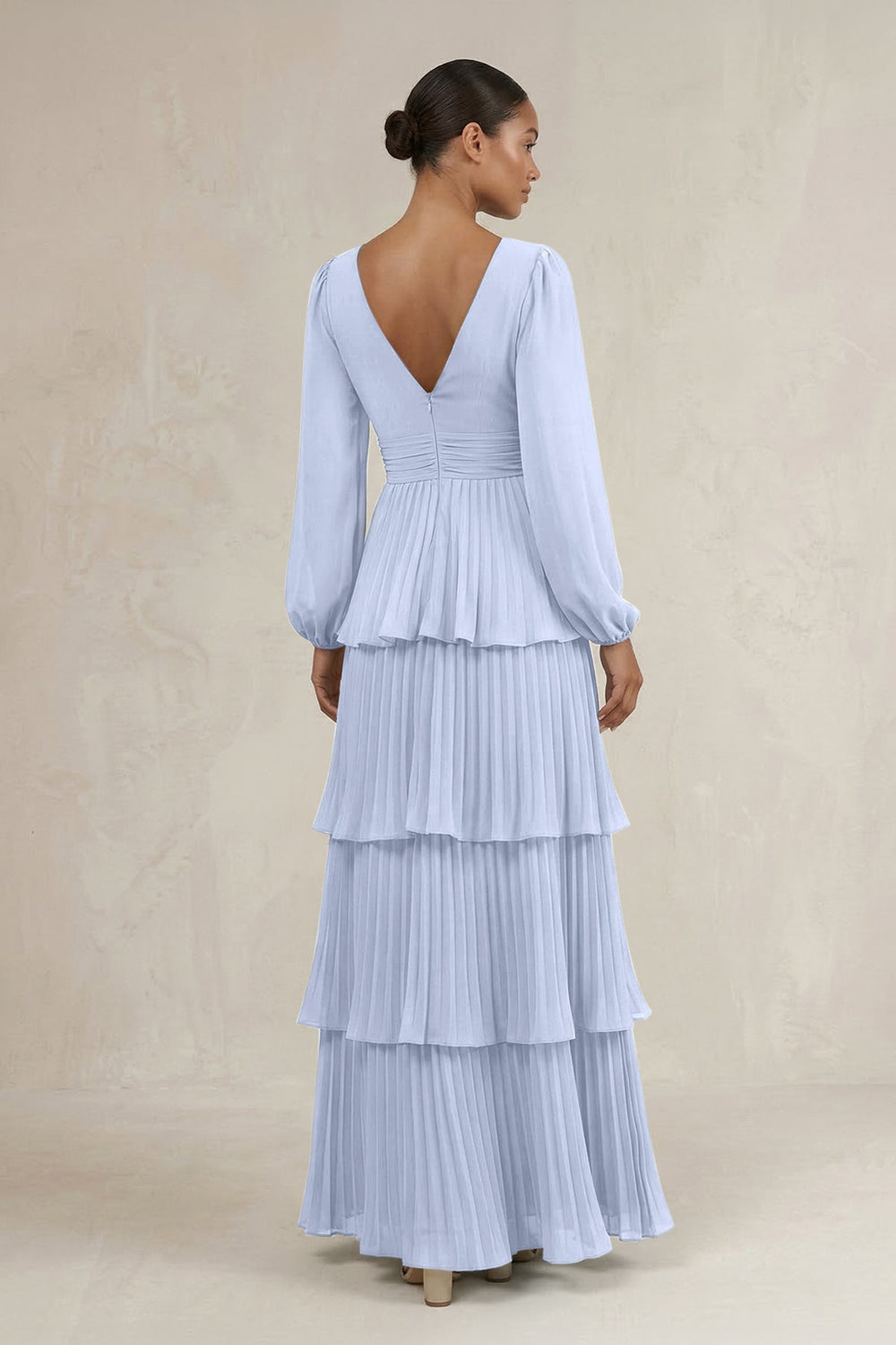 V - Neck Tiered A - Line Long Sleeve Bridesmaid Dress in Ice - KISS BRIDAL Bridesmaid Dresses